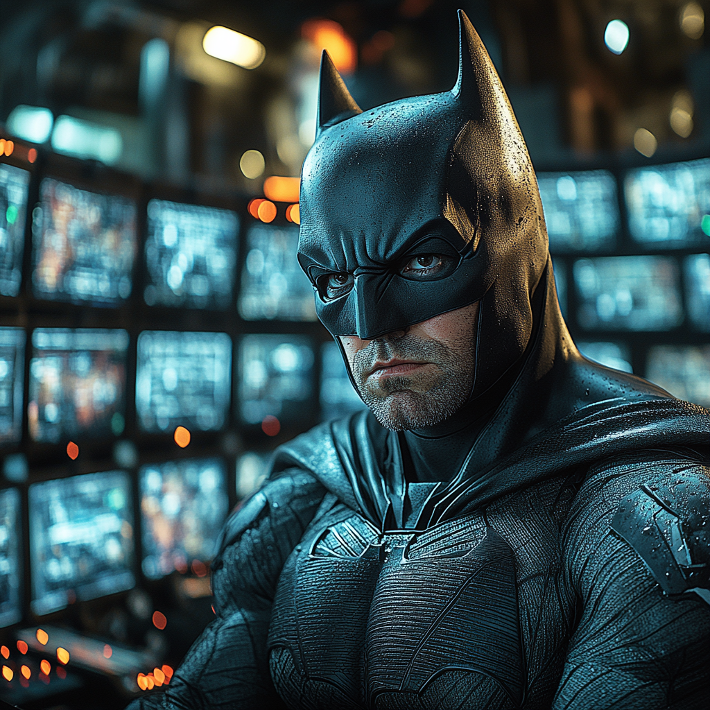 Bruce Wayne closely examining the Batcomputer, surrounded by glowing monitors.