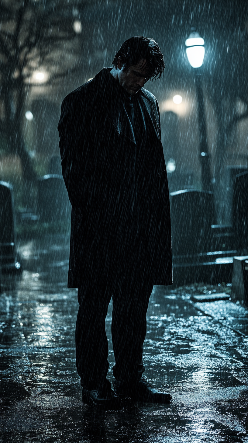 Bruce Wayne mourns in the rain at funeral.