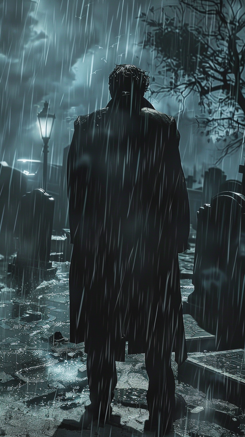 Bruce Wayne mourns in the rain at night funeral.