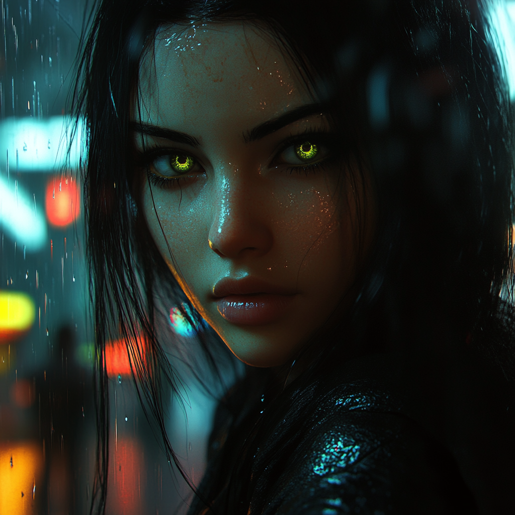 Brunette girl in cyberpunk city with green eyes.