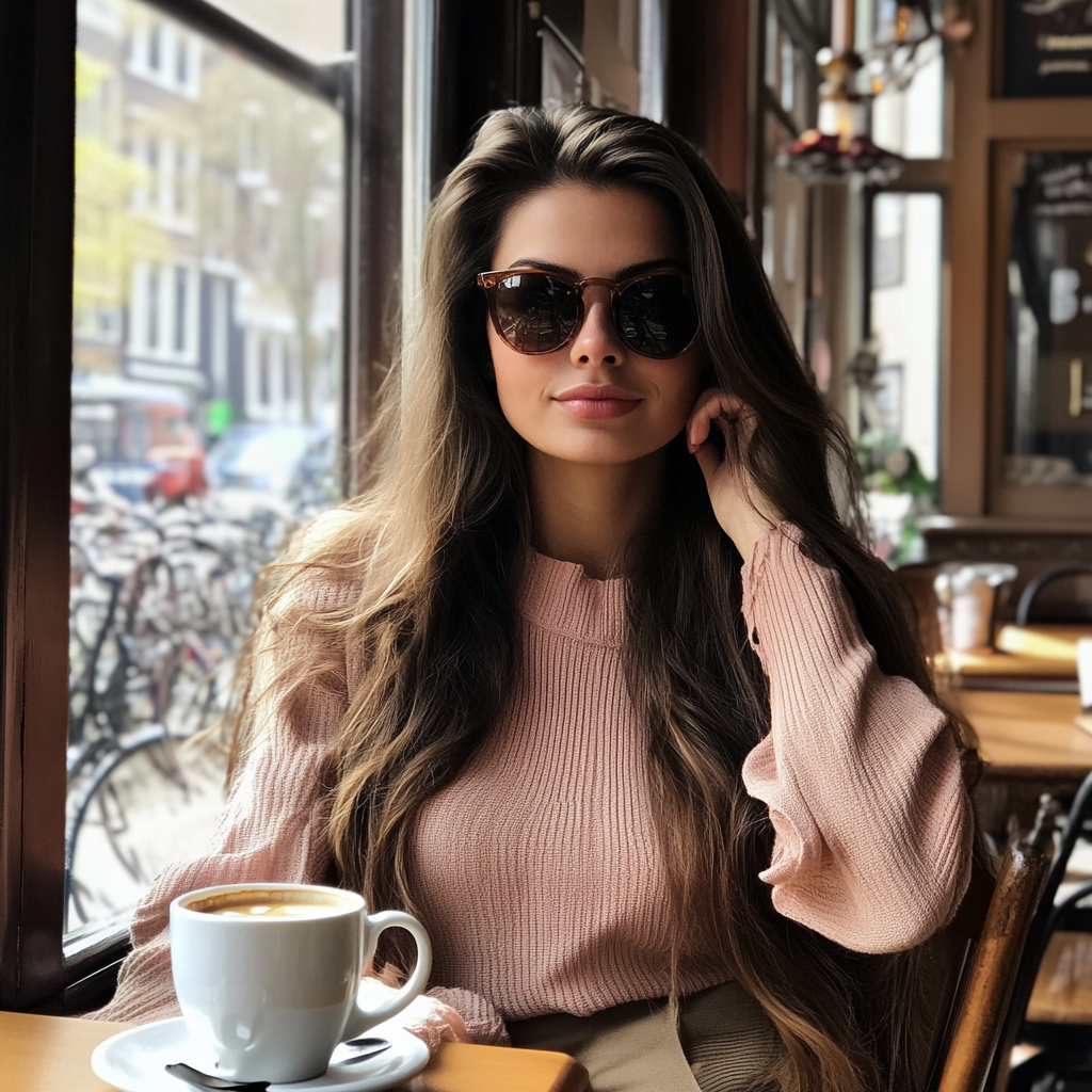 Brunette in Amsterdam cafe, drinking coffee, wearing pink.