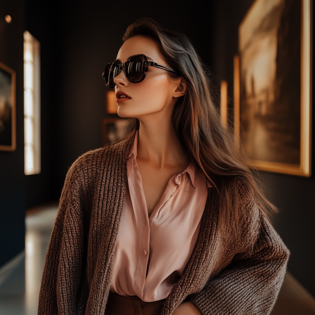 Brunette in a museum in Amsterdam with sunglasses walking.