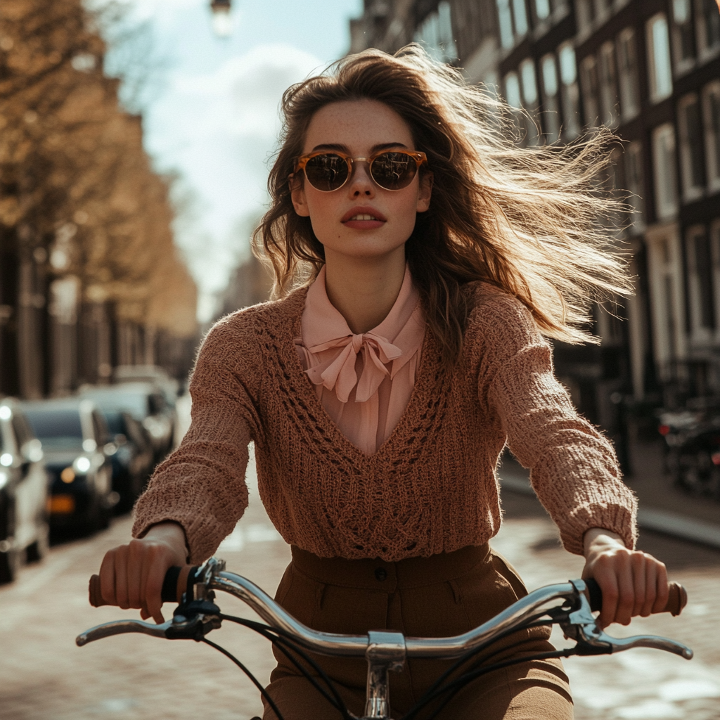 Brunette in pink blouse riding bike in Amsterdam, sunglasses.