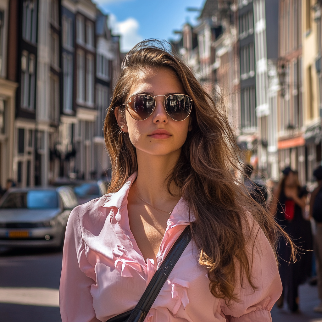 Brunette walking in Amsterdam wearing pink blouse and sunglasses.