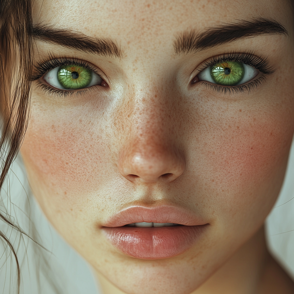 Brunette woman facing forward, green eyes, natural lips.