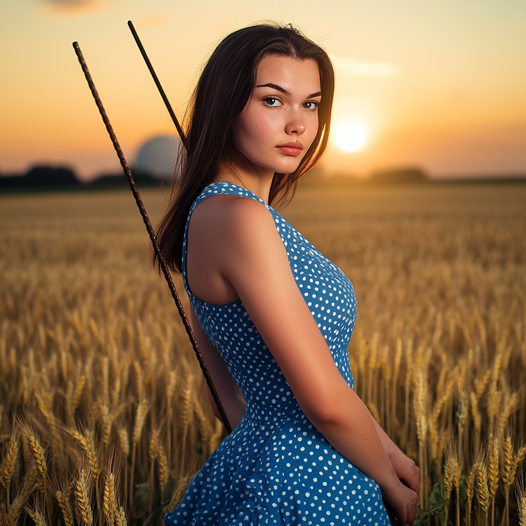 Brunette woman in blue dress with iron rod at sunset.