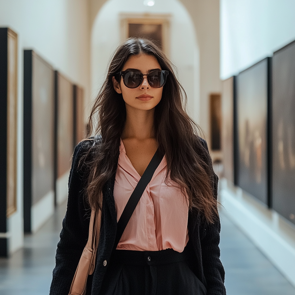 Brunette woman in museums of Amsterdam with pink blouse.