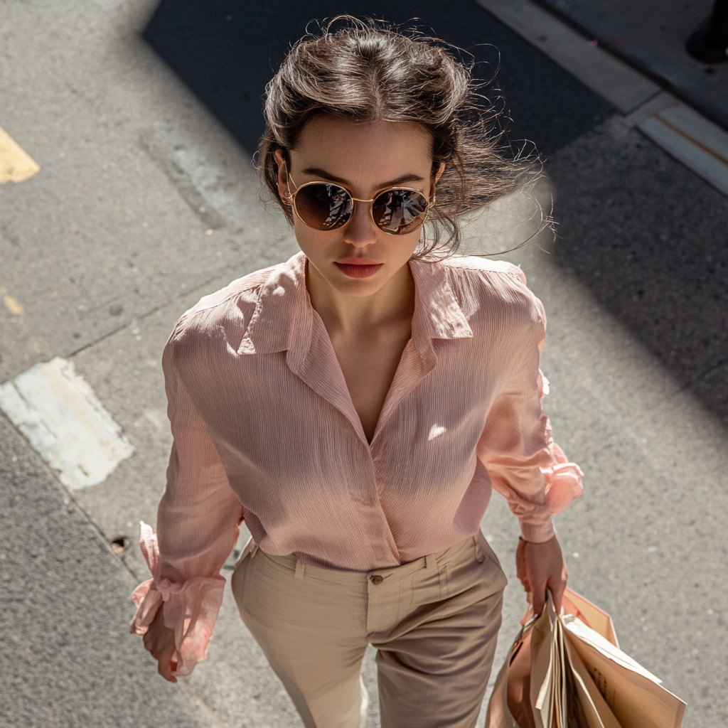 Brunette woman in pink blouse and khaki pants shopping.