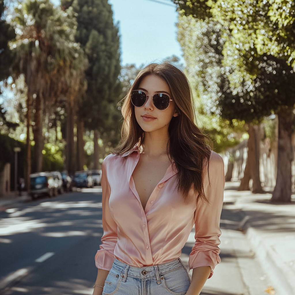 Brunette woman in pink blouse walking in LA.