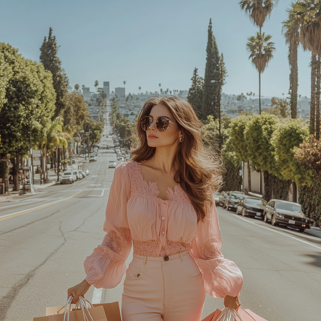 Brunette woman shopping in Los Angeles street scene