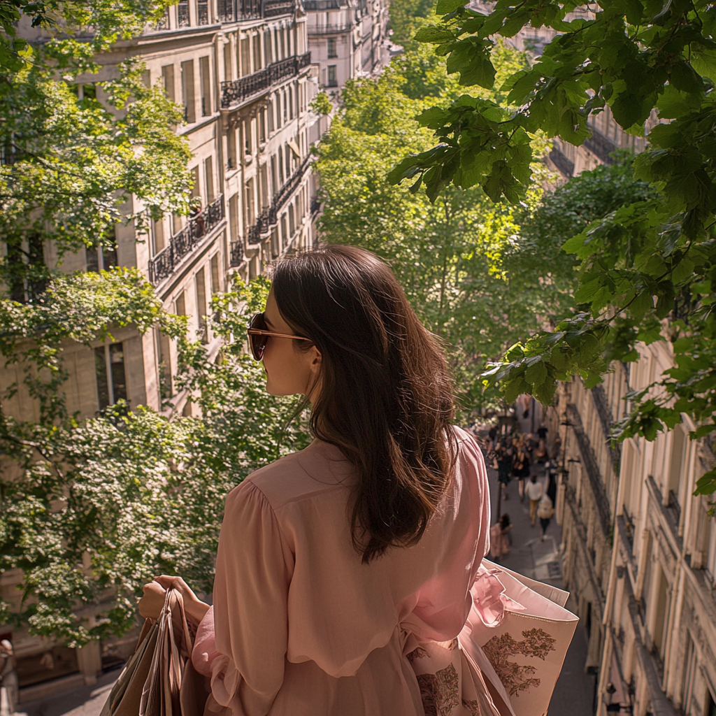 Brunette woman with shopping bags in Paris streets 