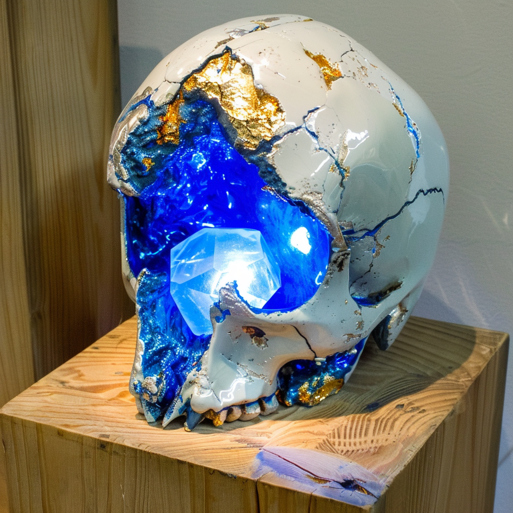 Brutalist skull sculpture with gemstone display, silver and gold.