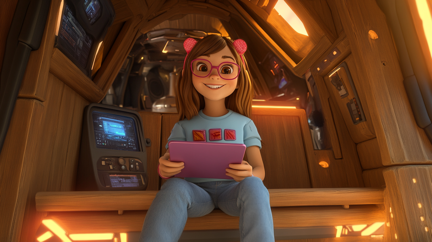 Bryanna in cozy treehouse spaceship with pink tablet.