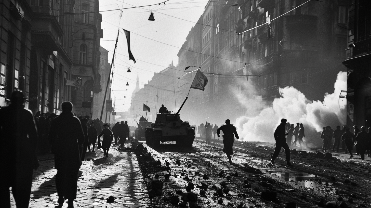 Budapest uprising photo with people, tanks, flags, shadows.