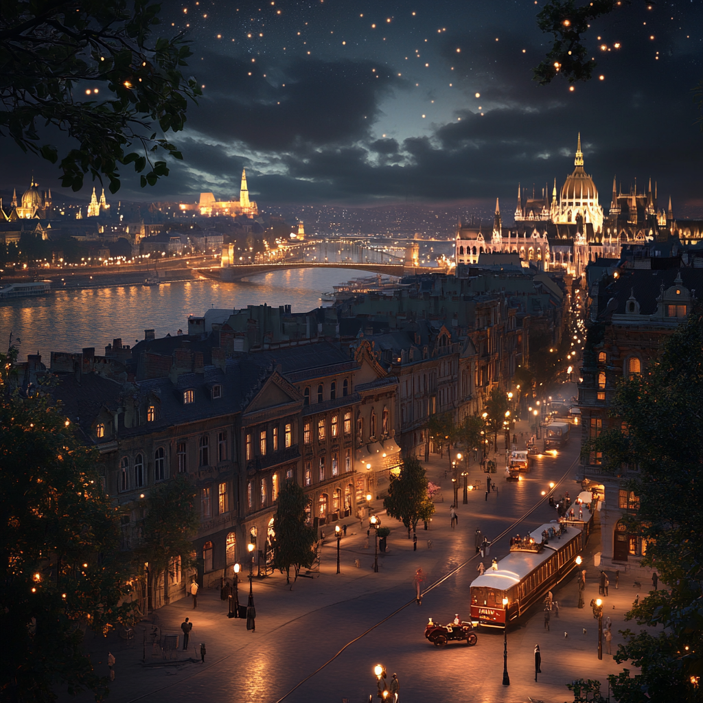 Budapeste at night in the 1900s, realistic city view.