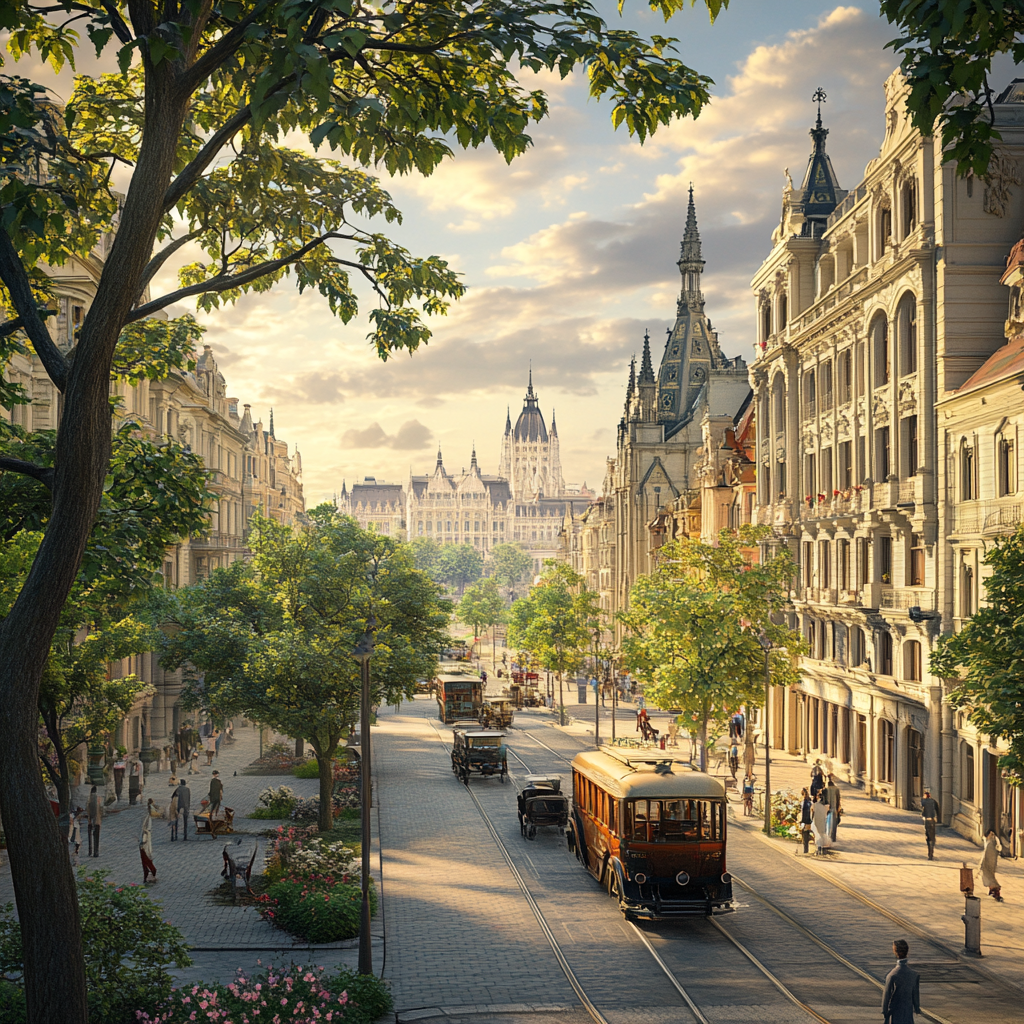 Budapeste city view in the 1900s, old town 3D.