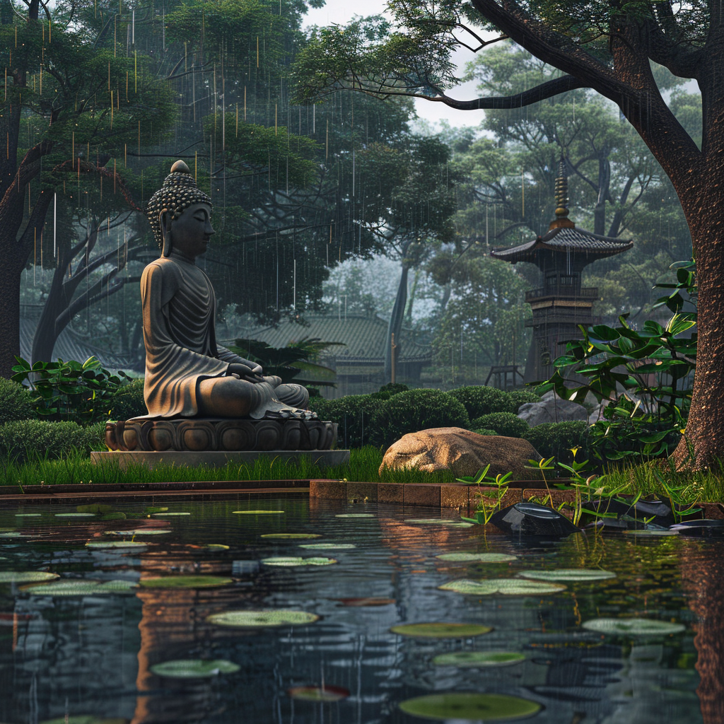 Buddha meditating in temple garden during rainstorm.