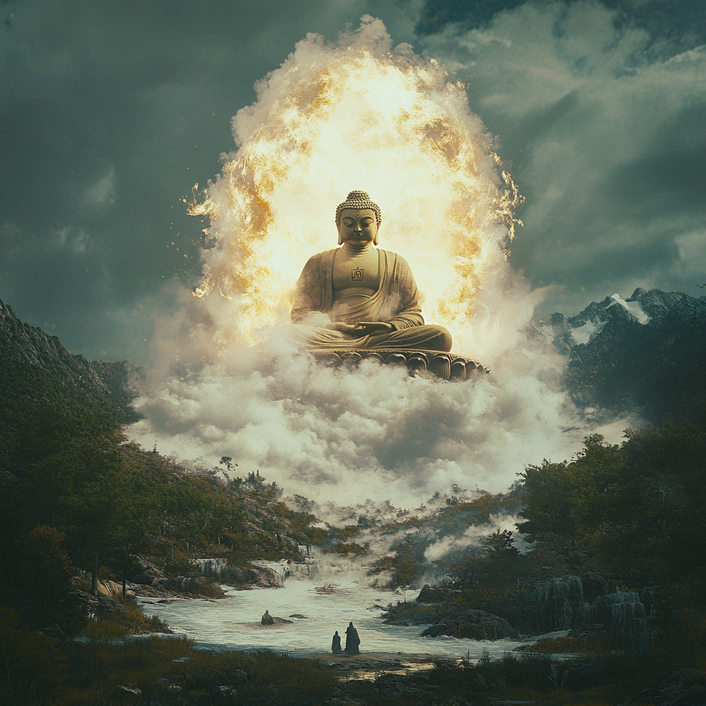 Buddha statue on mountain destroyed by white fireball.