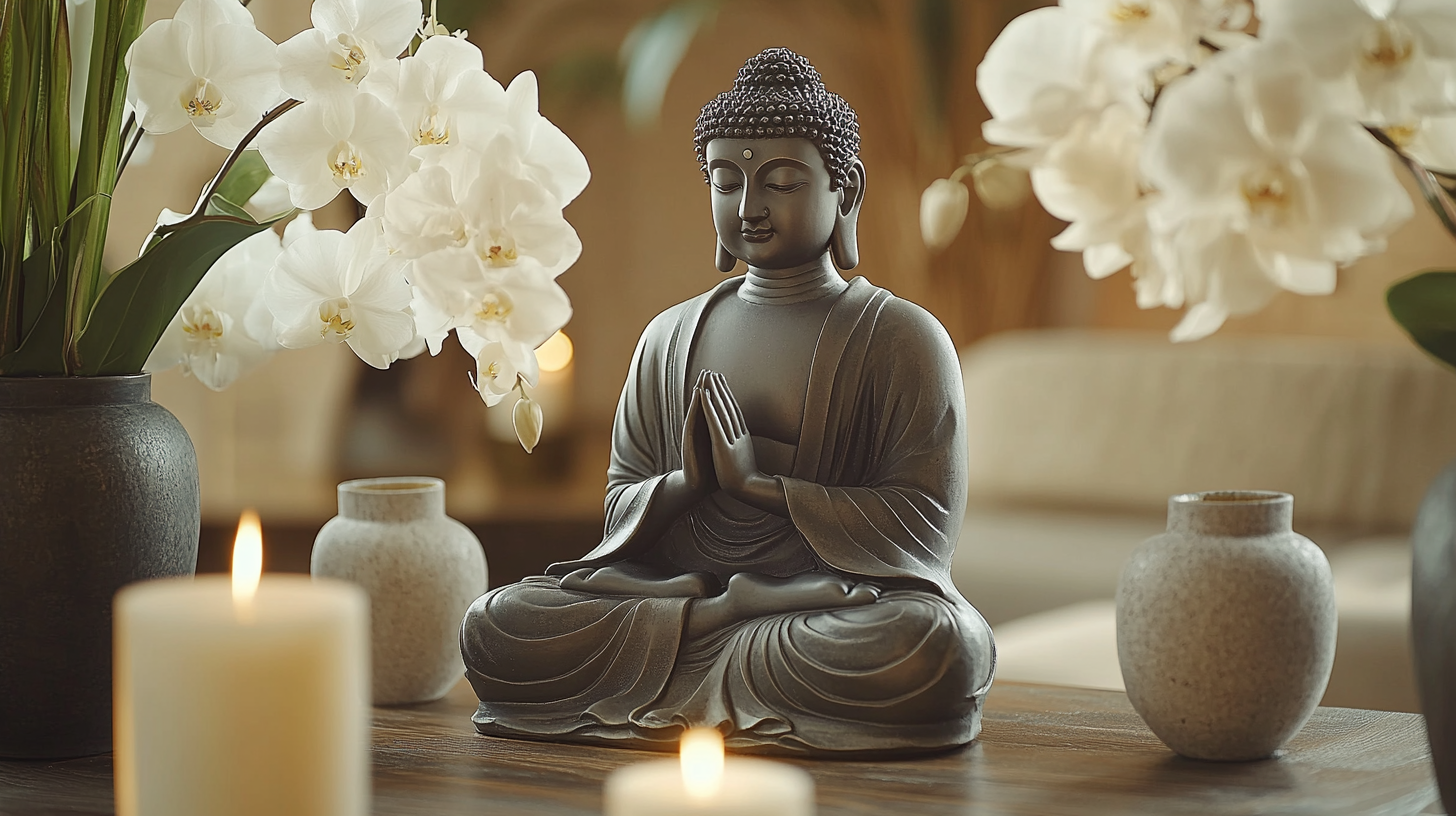 Buddha statue with flowers, candles in peaceful room setting.