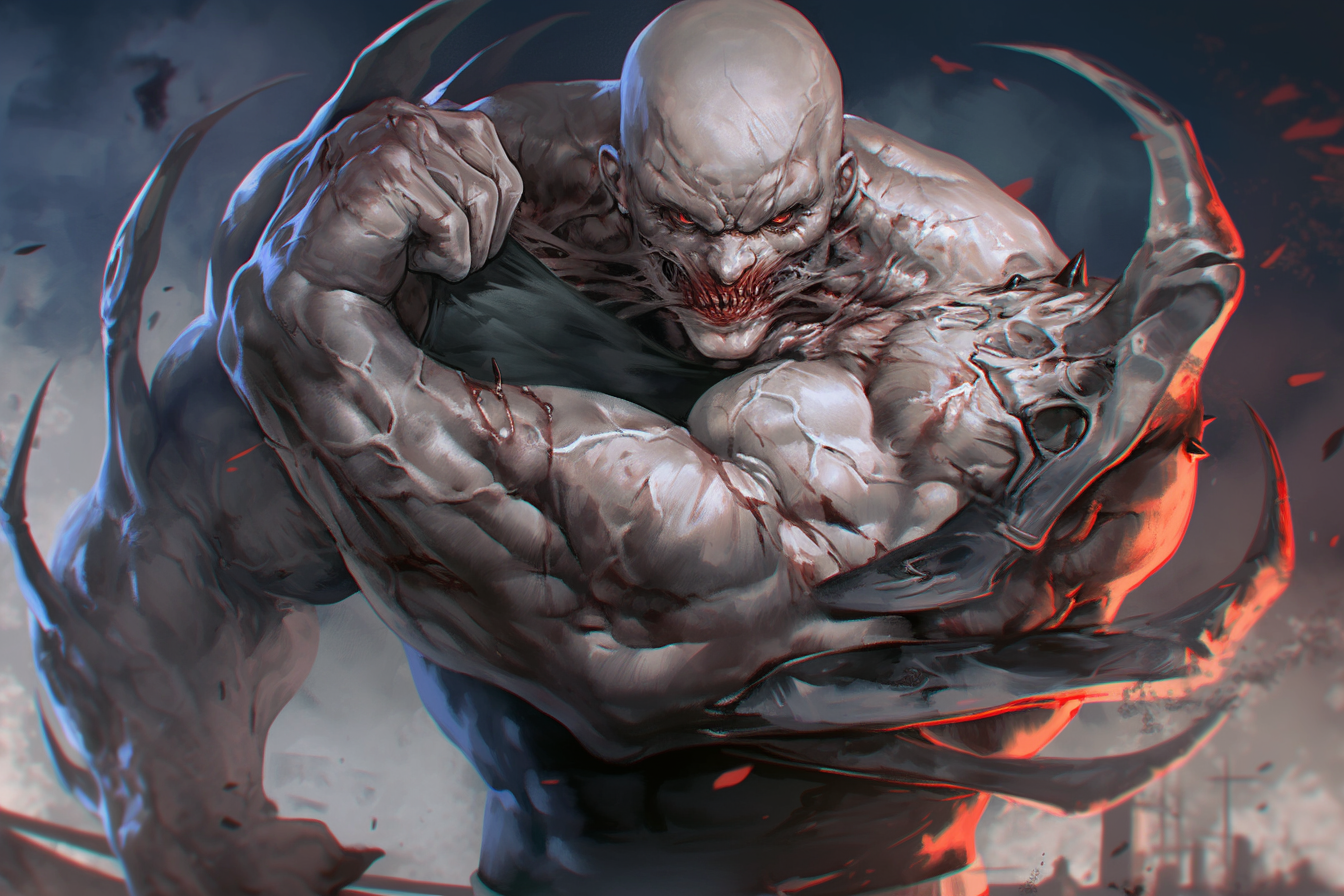 Buff bald man in terrifying art style chokes himself.