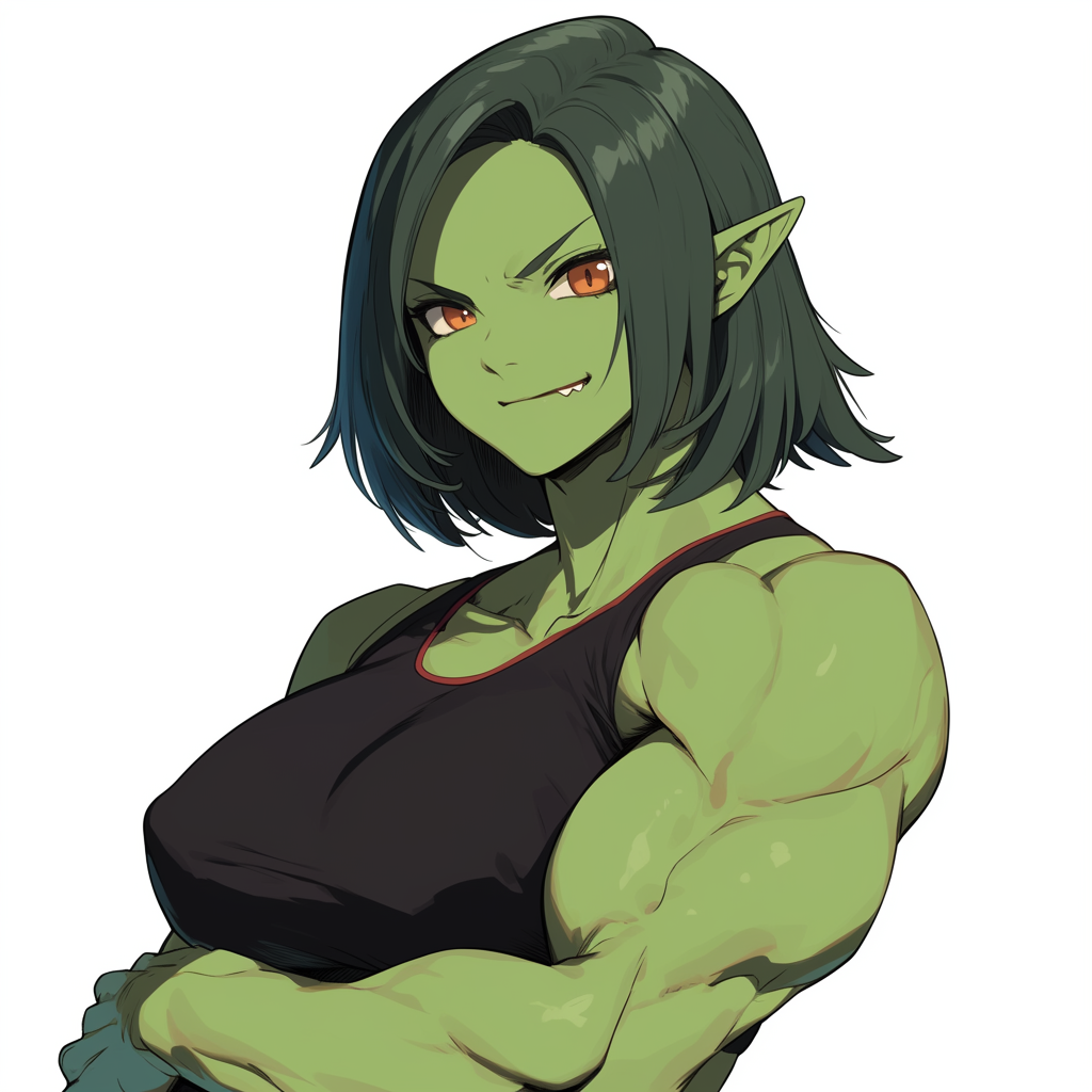 Buff orc girl poses for magazine on beach.