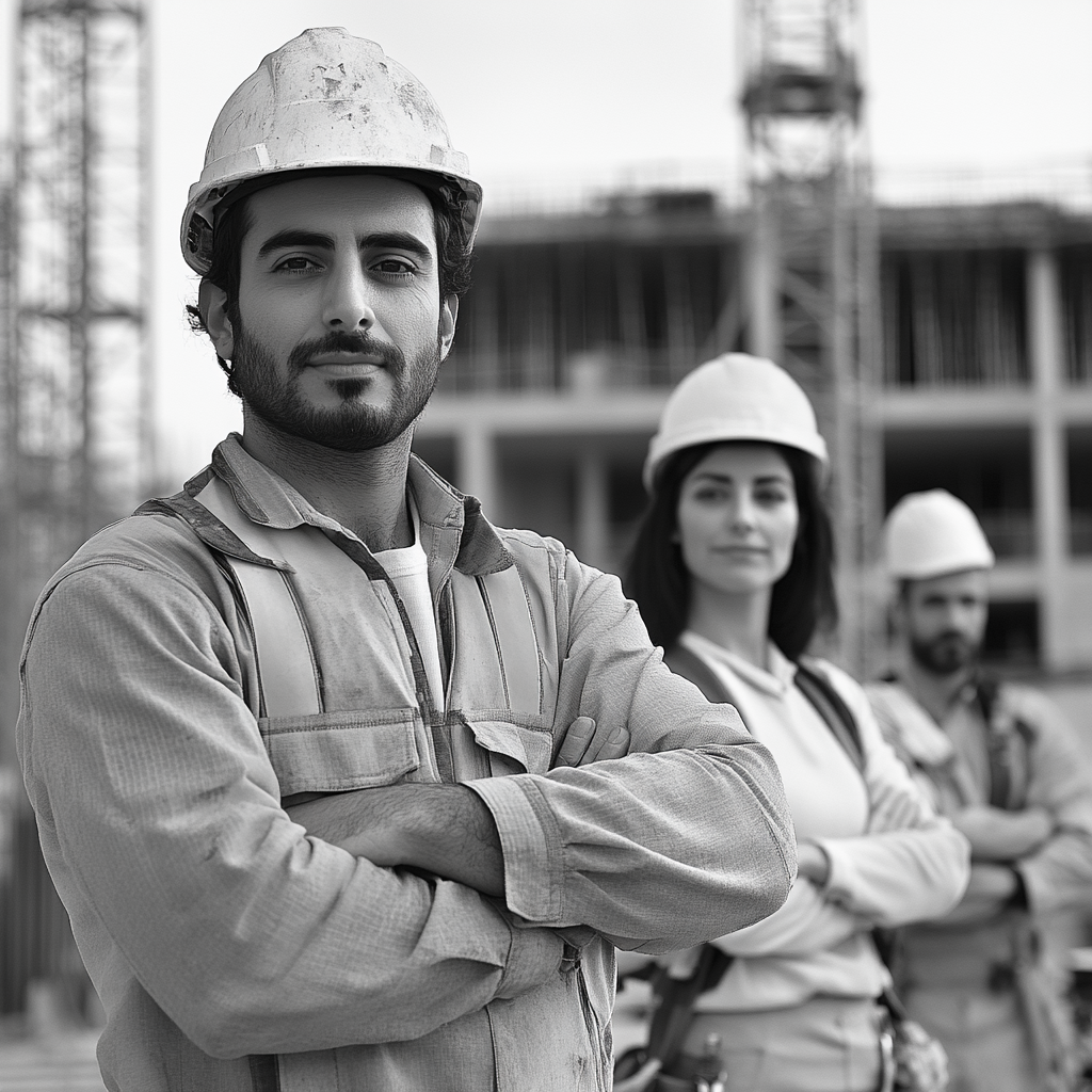 Builder Moroccan man, European architect woman, workers in uniform.