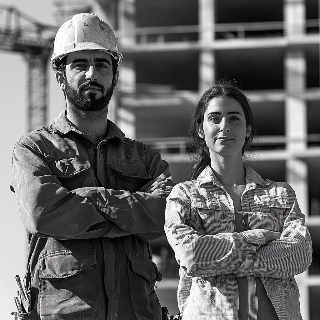 Builder and architect in front of building under construction.