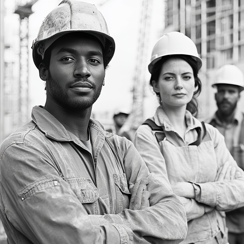 Builder man, architect woman with team at construction site.