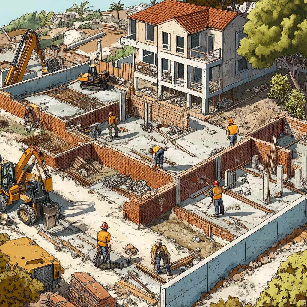 Building a residential neighborhood: laying bricks, installing windows, pouring concrete.