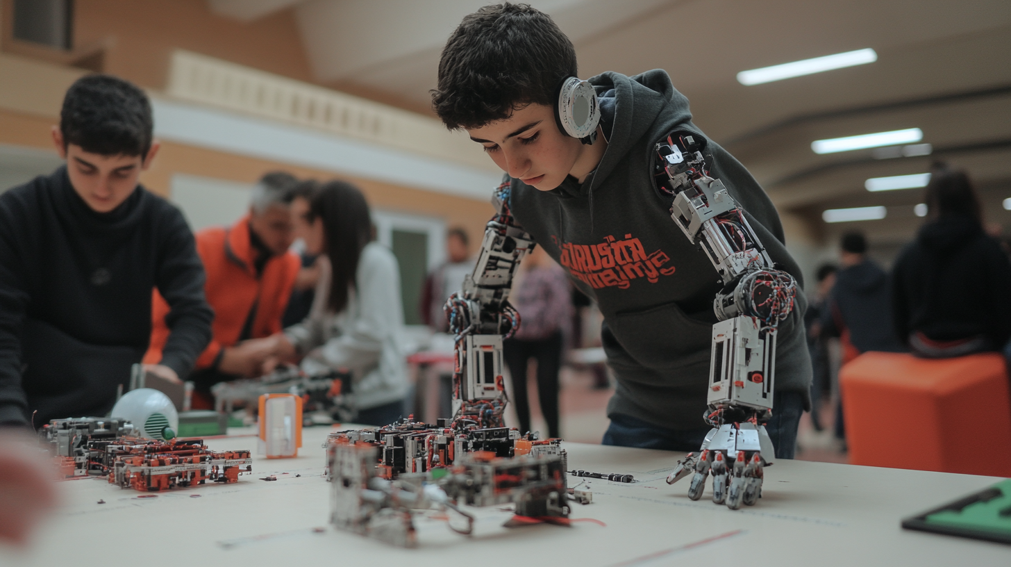 Building a robot in a robotics hall.