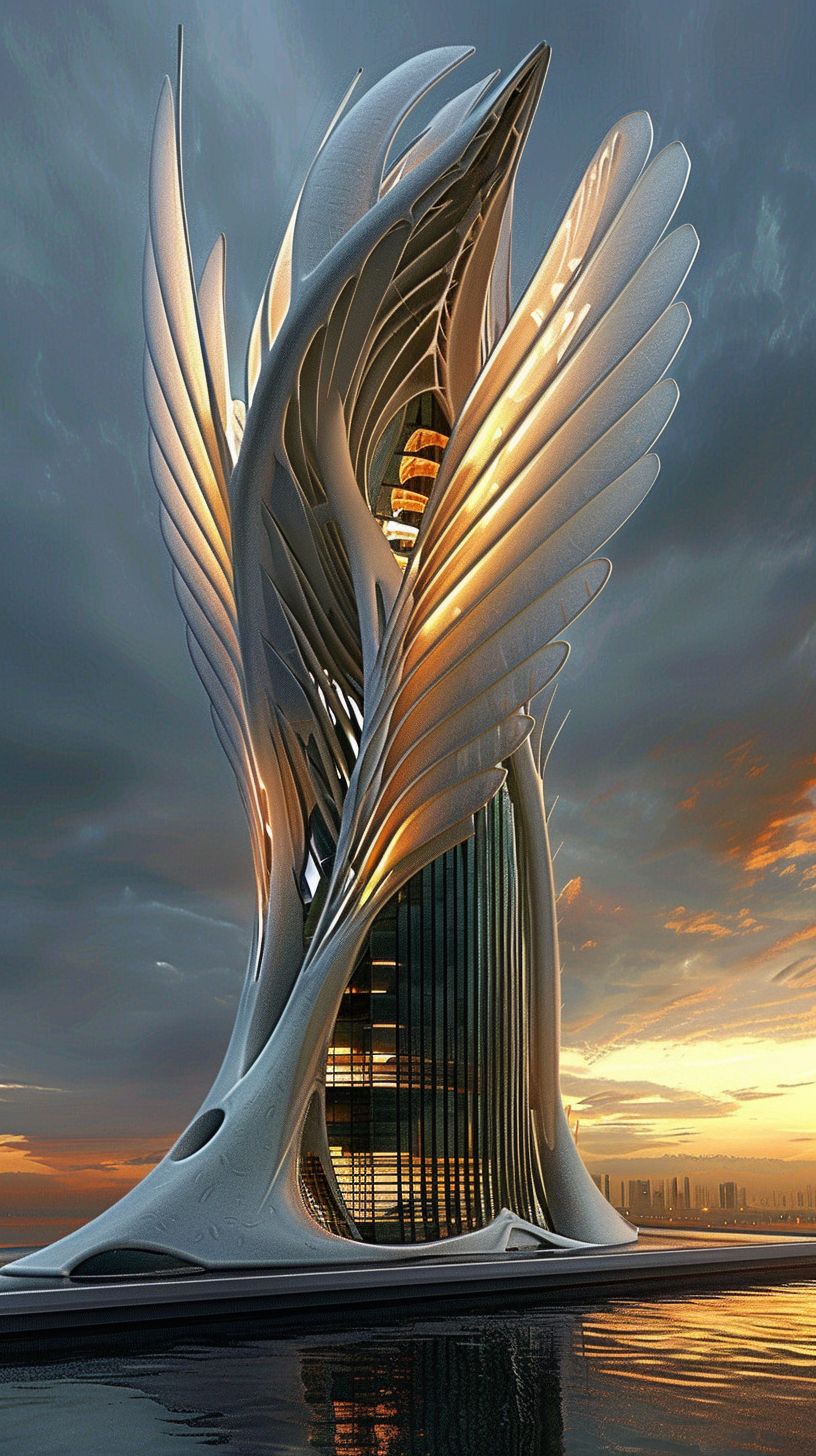 Building inspired by bird shapes and feathers, hyper realistic.