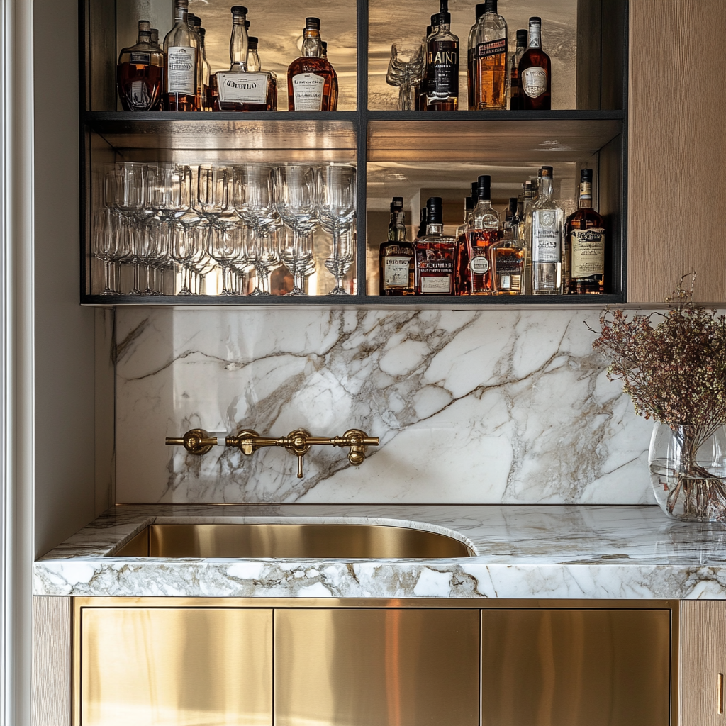 Built in bar with brass bottom, marble top.