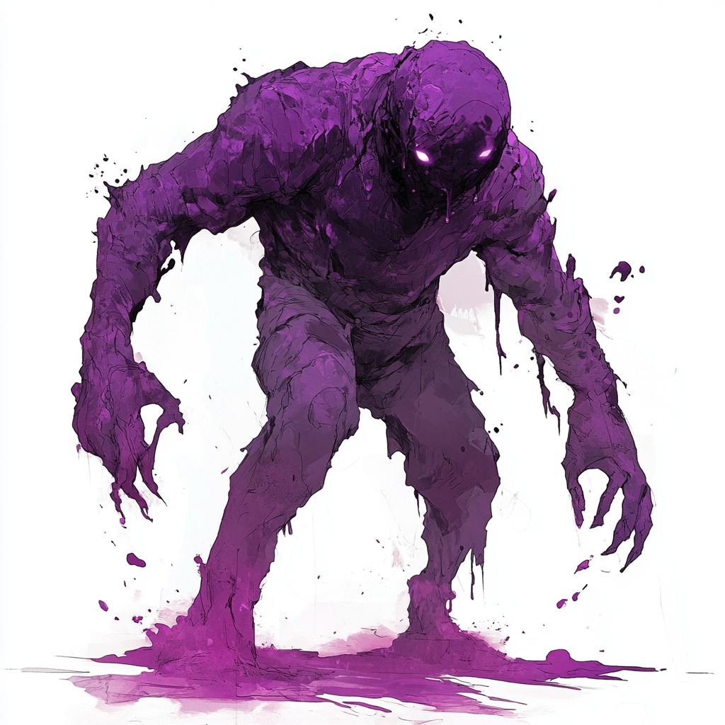 Bulky humanoid creature made of purple sludge. White background.