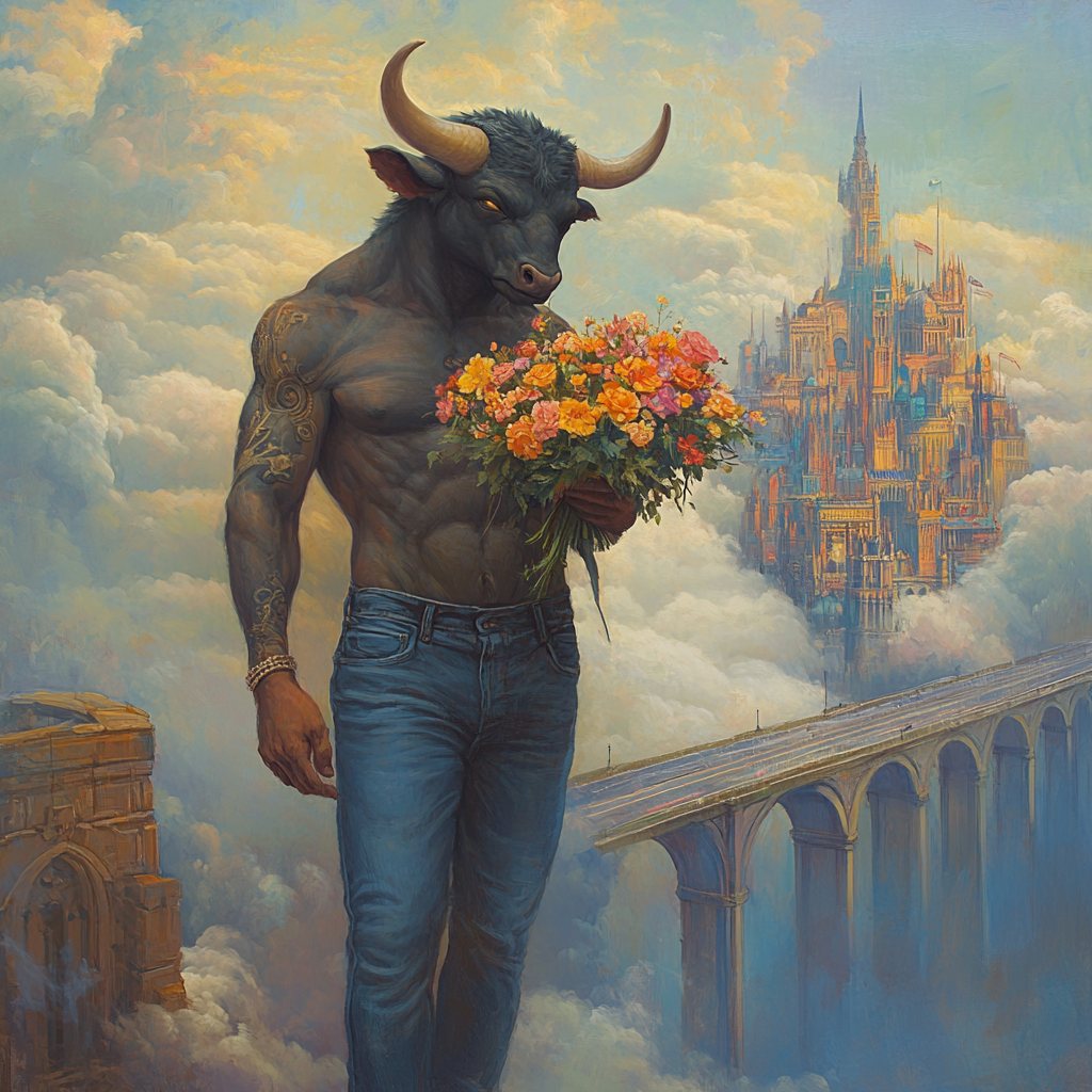 Bull-headed minotaur wearing jeans holds flower bundle. Cloud city background.