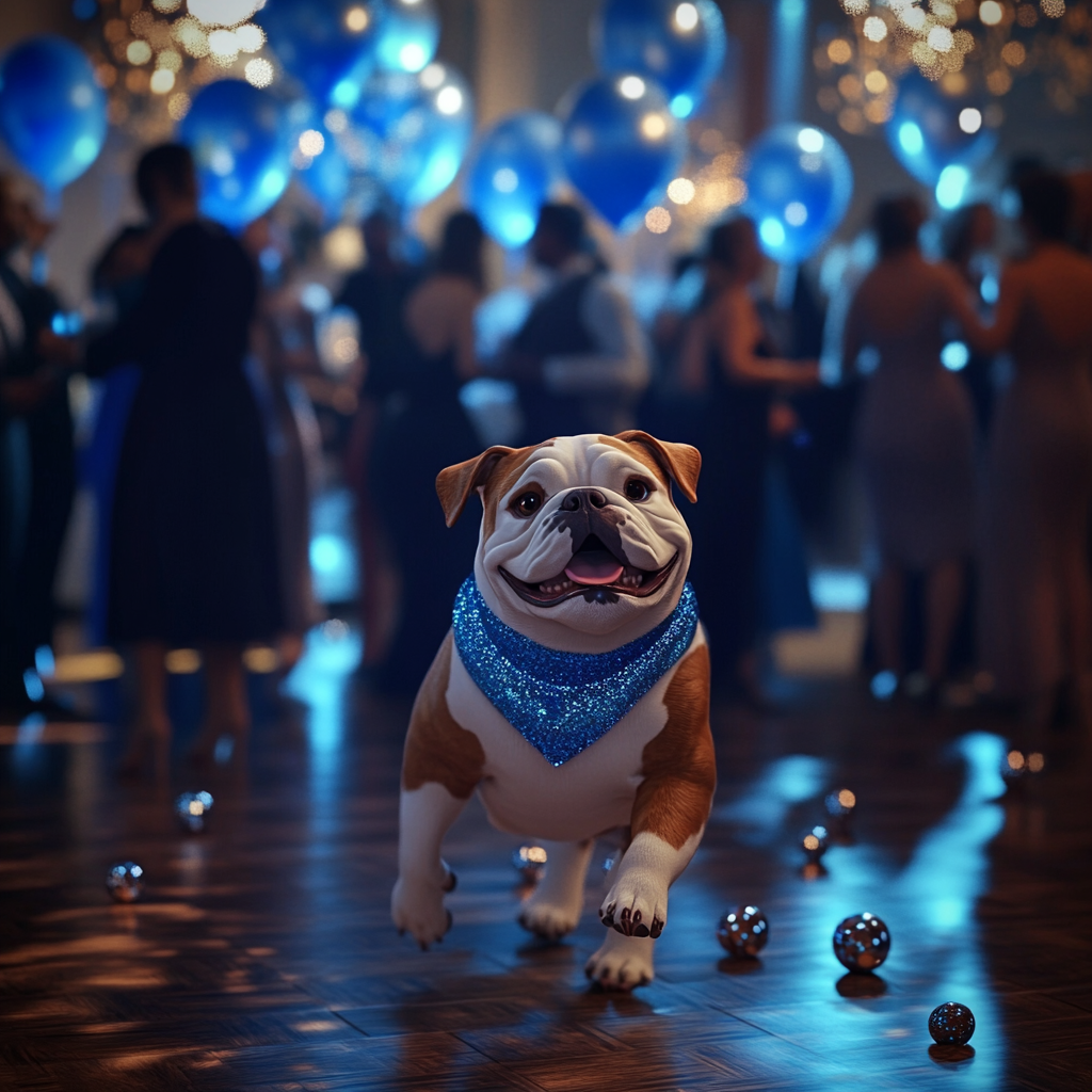 Bulldog Mascot Dances at Prom with Elegant Decor