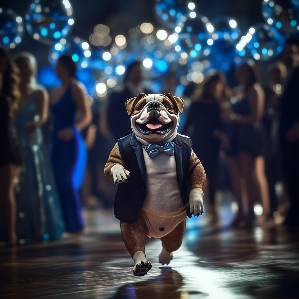 Bulldog Mascot Dances at Prom with Sparkling Lights