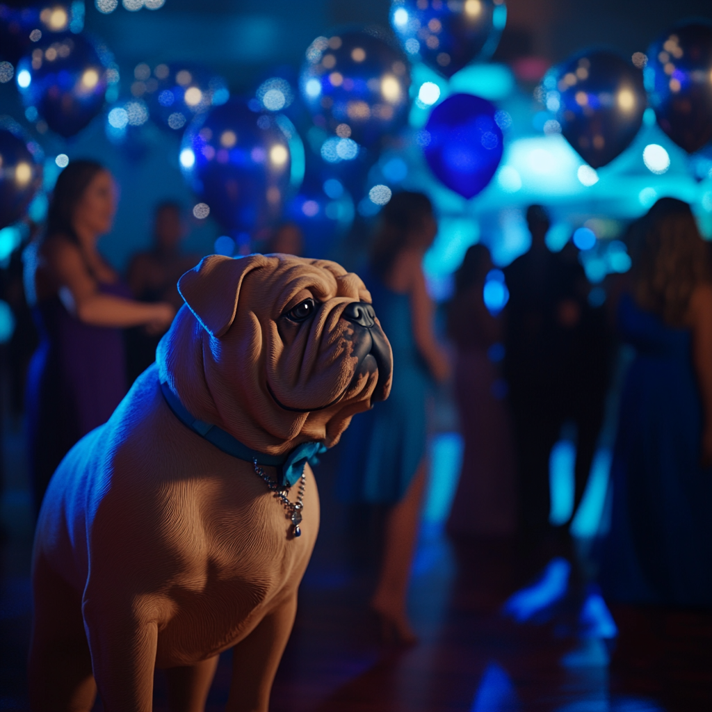 Bulldog mascot at prom with elegant decor.