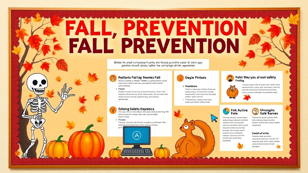 Bulletin board promoting fall safety with autumn theme.