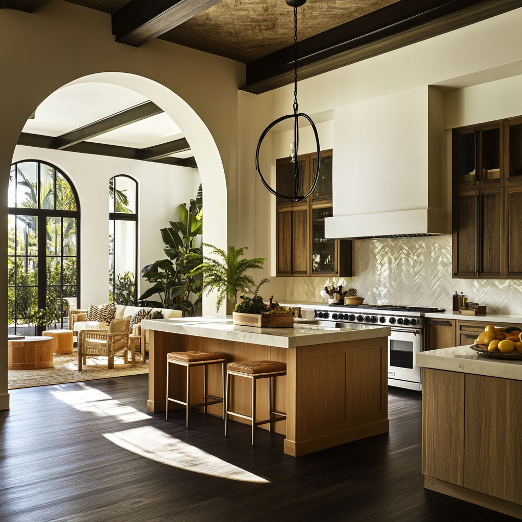 Bungalow Kitchen with Arch into Living Room Decor