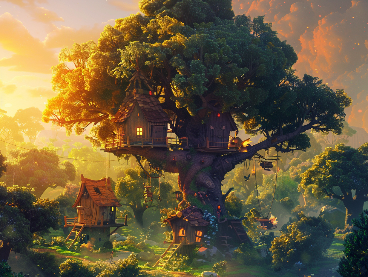 Bunnies fixing treehouses in green forest at sunset.