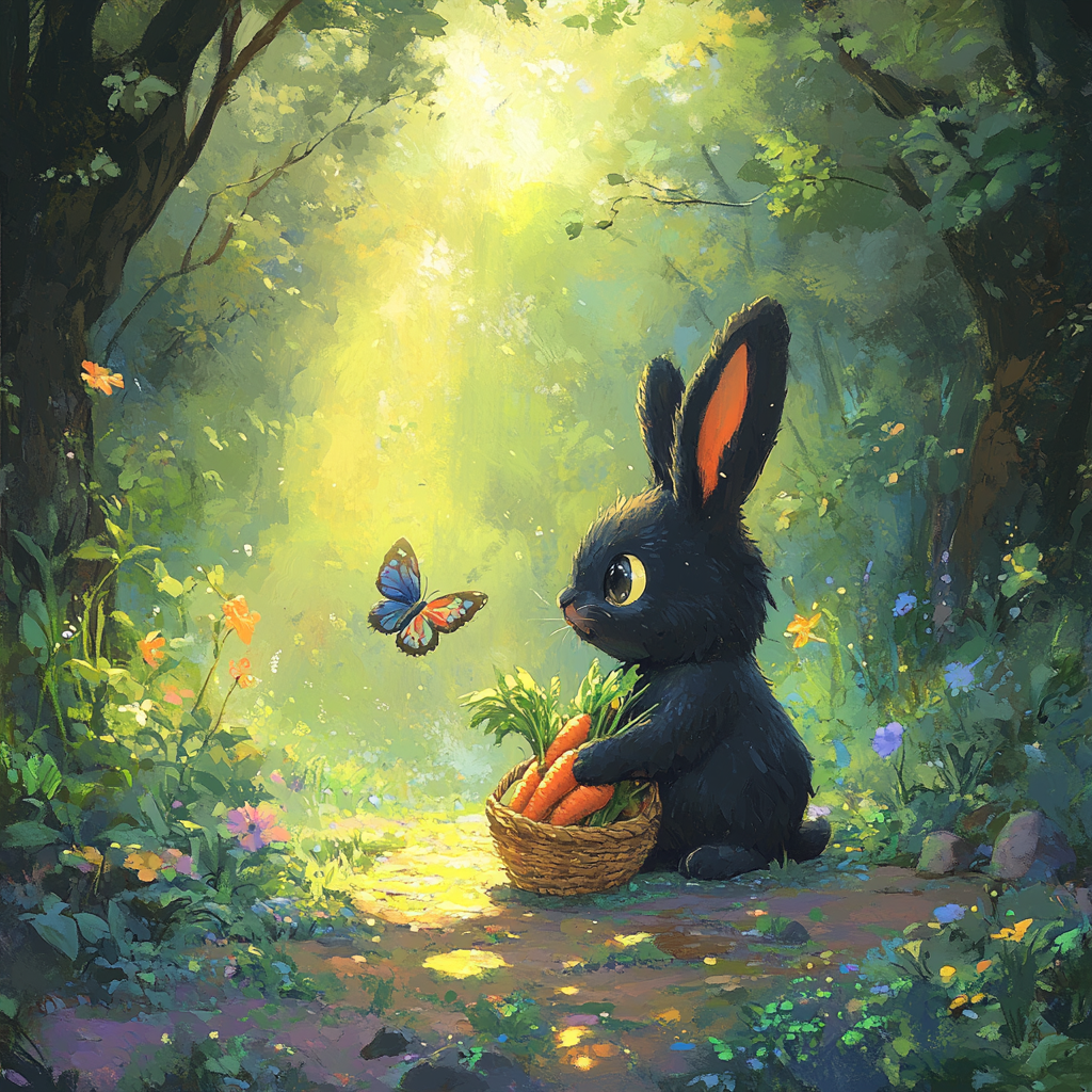 Bunny Shoesley in vibrant forest picking carrots. Butterfly advice.