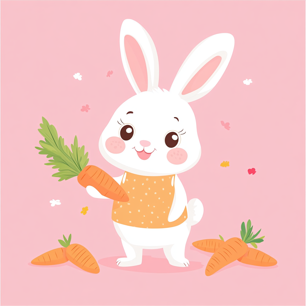 Bunny holding carrot in flat cartoon style illustration.