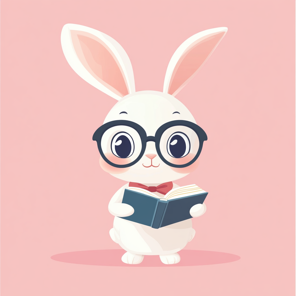 Bunny with glasses and bow tie holding book.