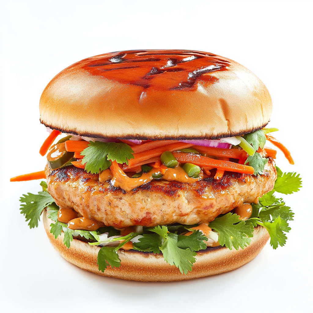 Burger with chicken patty, Thai peanut sauce