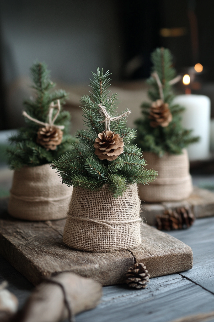 Burlap-Wrapped Mini Christmas Trees: Rustic Simplicity