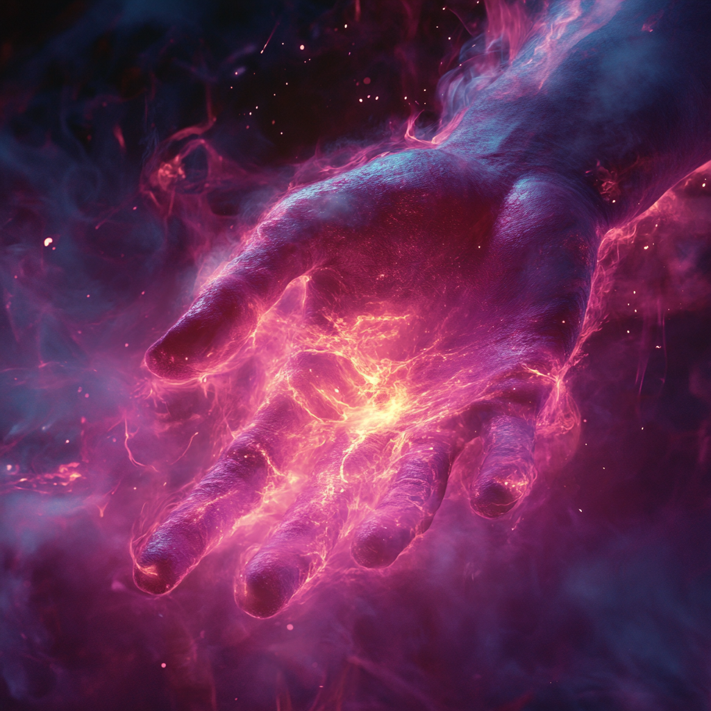 Burning hand in red and magenta mist formation.