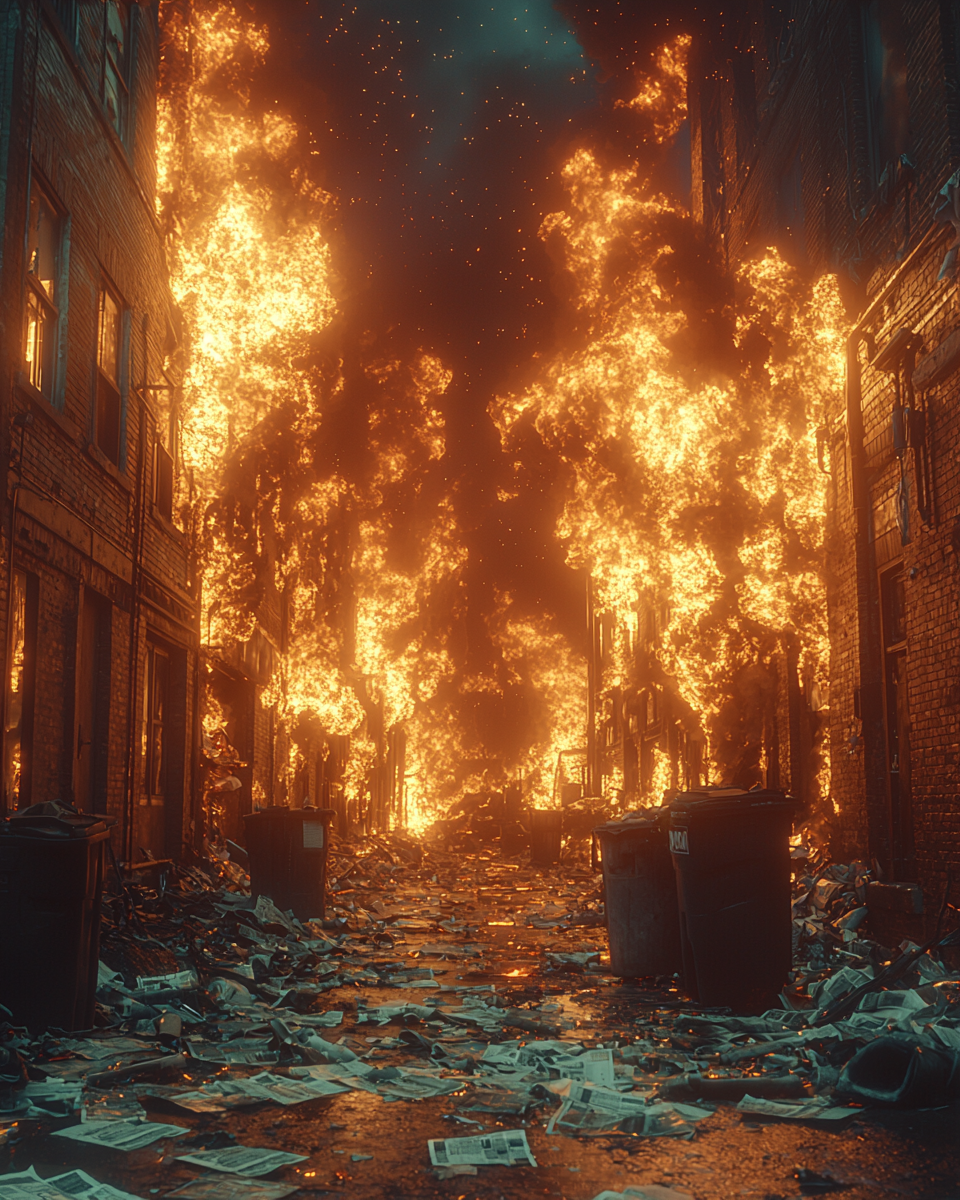 Burning newspapers, debris, chaos in alley, detailed Fuji shot.