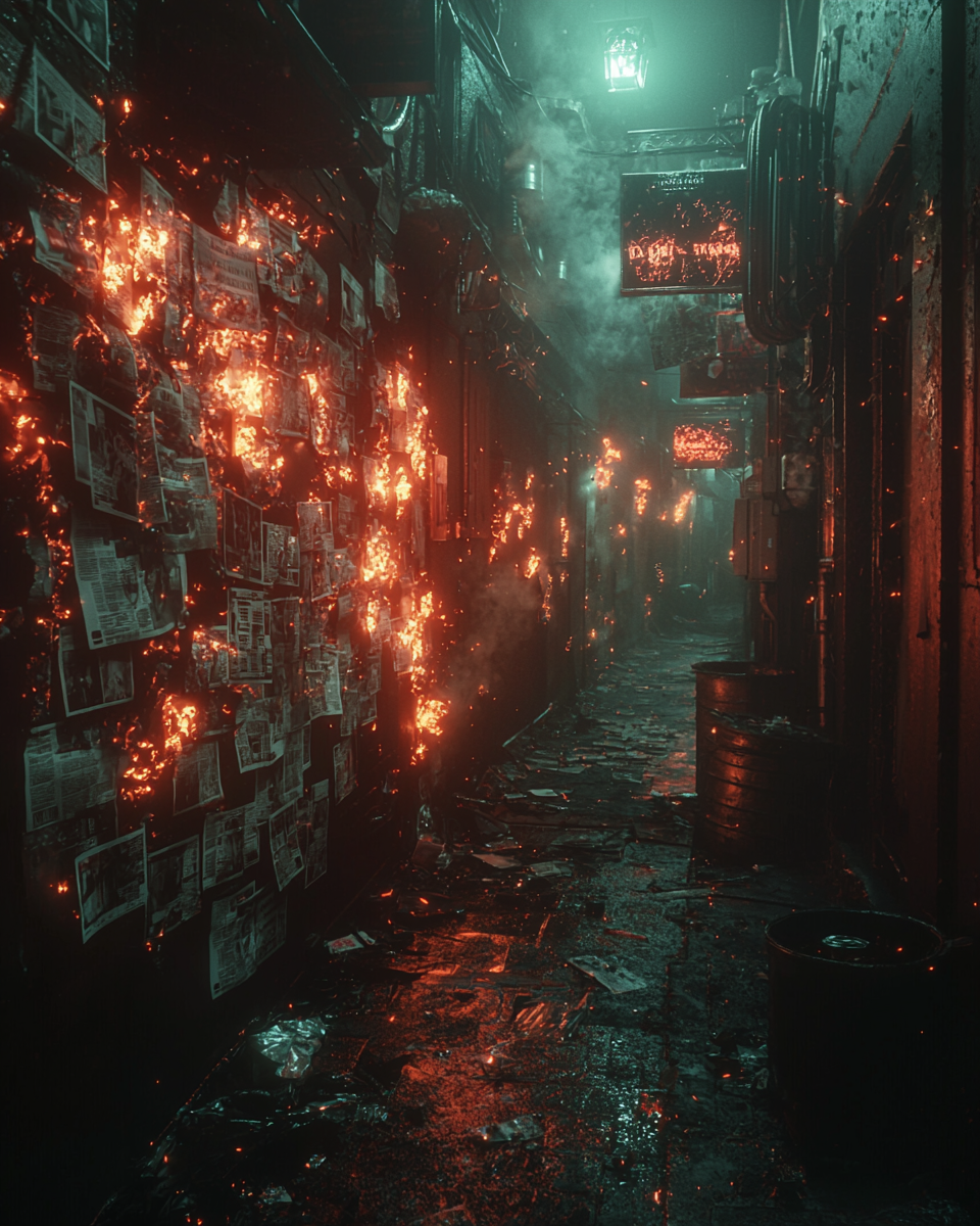 Burning newspapers in chaotic alley with fiery metal pots.