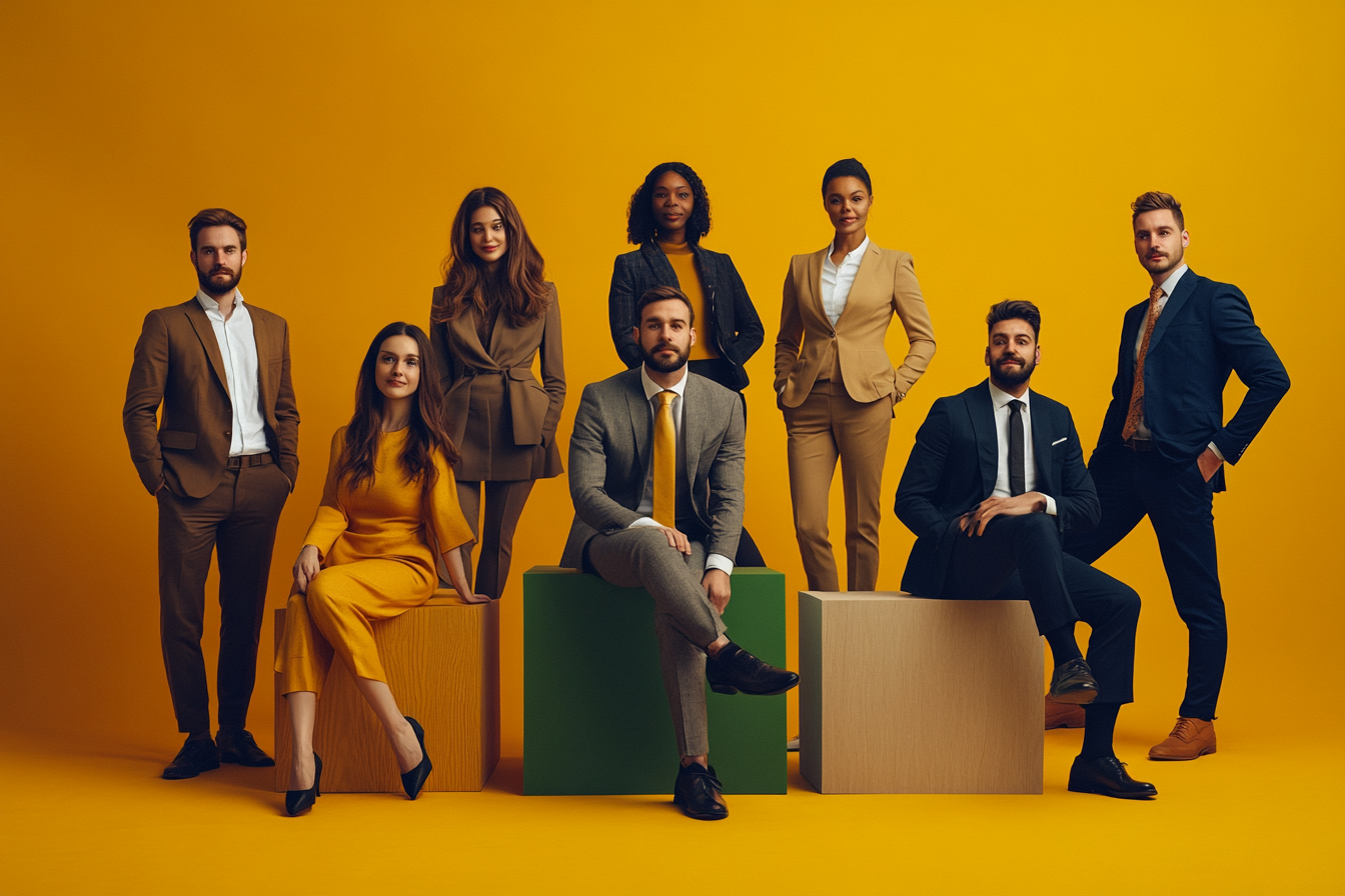 Business Group Photo: 10 People in Yellow Studio