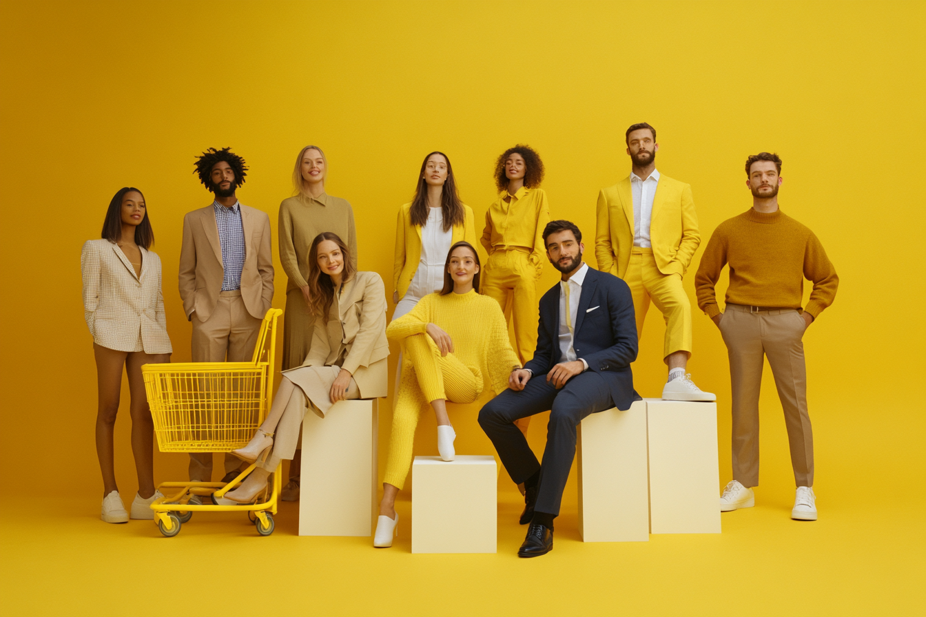 Business Team in Yellow Studio with Blocks and Cart